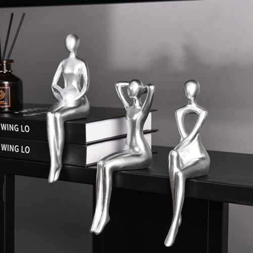 Quoowiit Thinker Statue Office Desk Decor, Silver Art Sculpture Ornament Coffee Table Bookshelf Decor Modern Home Unique Home Decorations for Living Room 3 Piece - Image 3