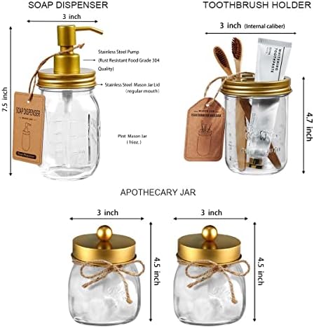 Amolliar Mason Jar Bathroom Accessories Set, 4 Pcs Glass Bathroom Set, Gold - Image 5