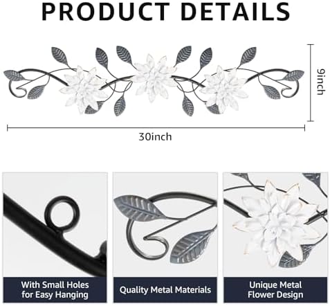 KHJCXS Metal Wall Art Modern Minimalist Metal Flowers Indoor Decor Horizontal Wall Art Iron Artwork,for Over Door,Bedroom,Living Room,Kitchen,Office Scroll Decor (White2) - Image 3