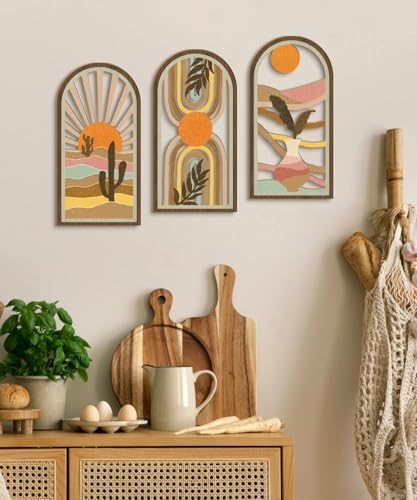 Putuo Decor Boho Wall Art Set of 3, Modern Minimalist Wooden Wall Decor, Desert Cactus Sun Abstract Aesthetic Room Decorations, Mid-Century Artwork for Living Room, Bedroom, Office (White, 16×8 in - Image 6