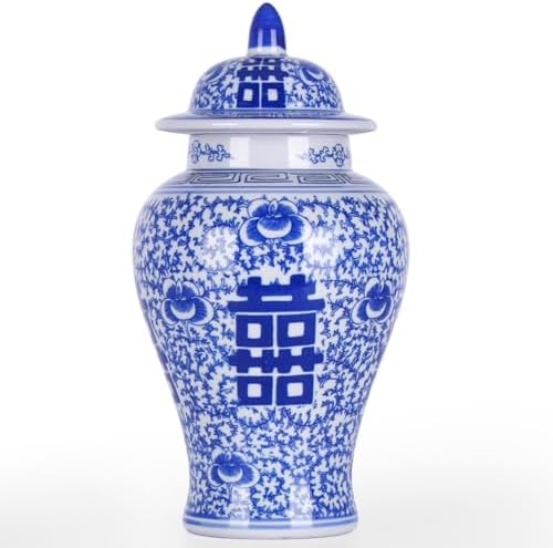 11″ Blue & White Ginger Jar with Lid Chinoiserie Double Happiness by ChangSong