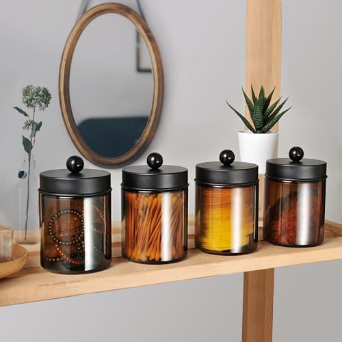 Amolliar Amber Glass Apothecary Jars Qtip Holder w/Metal Lids,Black 6pc - Image 5