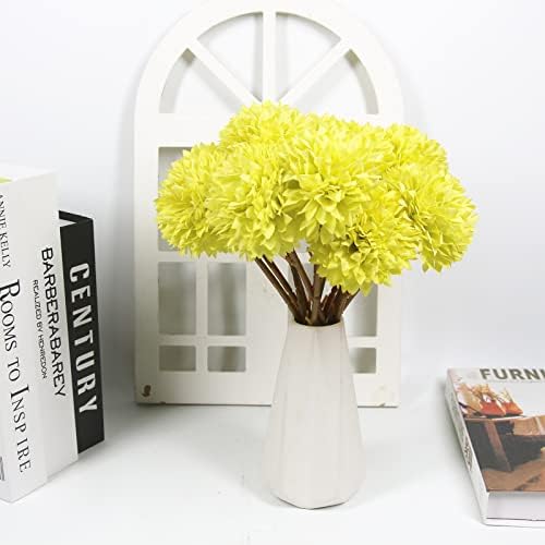 Tinsow 12PCS Artificial Ball Chrysanthemum Faux Flowers Bouquet Yellow - Image 3