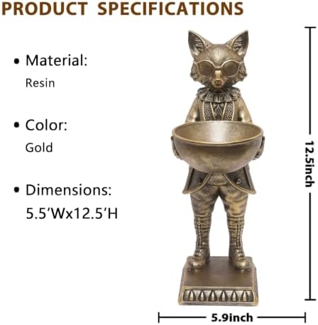 Home Decor Gift 12.6 Inch Vintage Fox Statue with Bowl, Resin Fox Figurine Serving Tray, Multifunctional Key Candy Purse Holder Bowl, Jewelry Dish Ring Holder, Desktop Tabletop Art Decor - Image 3