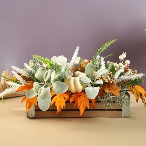 Thanksgiving Potted, Eucalyptus Berries Pumpkins Lamb Ears Leaves Autumn Pots for Centerpiece Table Decor, Fall Decor, Home Coffee Table Dining Room Office Kitchen (D) - Image 6