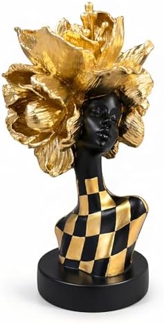 Lescafita Golden African Woman Statue – Luxurious Resin Figurine with Gold Floral Headpiece and Black-Gold Geometric Dress, Modern African Art Sculpture for Home and Office Décor by LESCAFITA