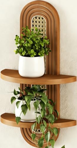 Floating Shelves for Wall,Boho Home Wall Decor,2-Tier Rattan Plant Shelf,Mid Century Hanging Small Decorative Shelf,Natural Wood Shelves for Living Room,Bedroom,House,Office,1-Pack (Walnut) by Hongsane