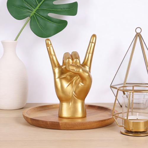 QIANLING 7.7" Gold Rock On Hand Statue, Modern Hand Gesture Sculpture, Rock Music Room Decor, Heavy Metal Party Accent Tabletop Figurine for Desk, Bookshelf, Mantel & Home Office - Image 3