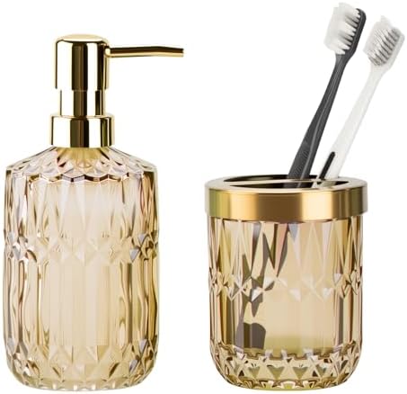 RRM Glass Bathroom Toothbrush Holder and Soap Dispenser Set, Brown by RRM