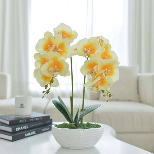 Large Artificial Orchid Arrangement in Oval Ribbed Ceramic Pot, Yellow - Image 5
