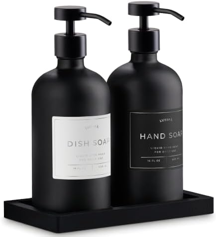 Glass Soap Dispenser Set of 2 (Black) with Silicone Tray | Hand and Dish Soap Dispenser for Kitchen and Bathroom | 16.8 Oz Glass Bottles with Stainless Steel Pump & 15 Waterproof Labels (Black) by Unknown
