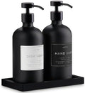 Glass Soap Dispenser Set of 2 (Black) with Silicone Tray | Hand and Dish Soap Dispenser for Kitchen and Bathroom | 16.8 Oz Glass Bottles with Stainless Steel Pump & 15 Waterproof Labels (Black) by Unknown