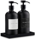 Glass Soap Dispenser Set of 2 (Black) with Silicone Tray | Hand and Dish Soap Dispenser for Kitchen and Bathroom | 16.8 Oz Glass Bottles with Stainless Steel Pump & 15 Waterproof Labels (Black) by Unknown