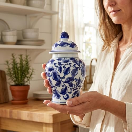 8" Ceramic Ginger Jar w/Lid - Classic Chinese Style Porcelain Jar Tea Storage for Home Decor Decorative Centerpiece Vintage Accent Antique Vase Jingdezhen (Blue & White Flower 2) - Image 4