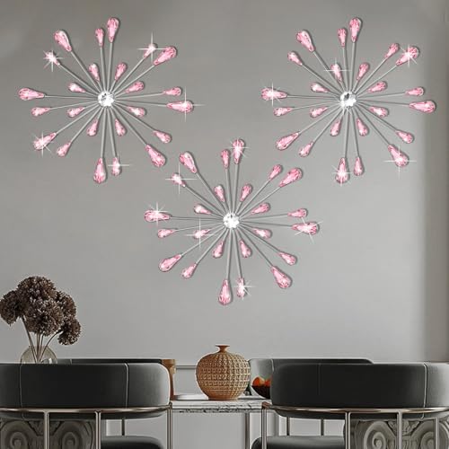 DXYAKY Set of 3 Pink Metal Starburst Wall Art Decor, Rhinestone Crystal Home Decor Accents, 11.8 Inch Decorative Wall Hanging Diamond, Jeweled Sparkle Wall Sculptures for Living Room Bedroom by DXYAKY