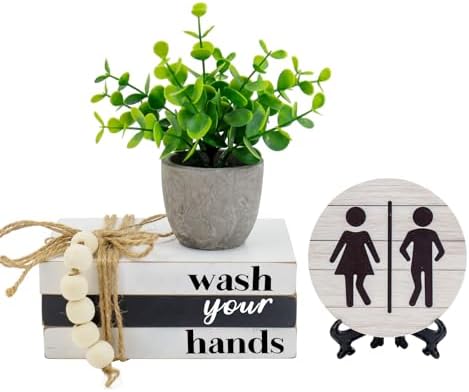 Bathroom Shelf Decor Signs with Bookstack, 3D Round Signs & Fake Plants by Lebsitey