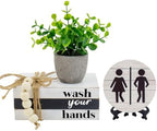 Bathroom Shelf Decor Signs with Bookstack, 3D Round Signs & Fake Plants by Lebsitey