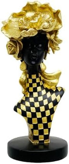 Lescafita African Queen Sculpture Gold Flower Crown, Black and Gold Checkered Gift Statue, Luxury Art Figurine for Home Decor Shelf Table Display by LESCAFITA