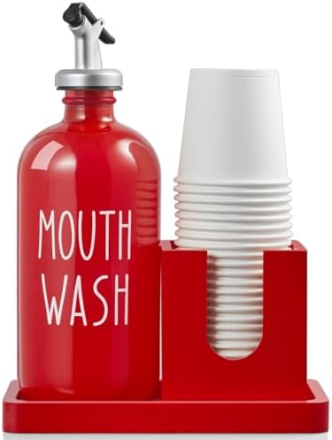 Glass Mouthwash Dispenser for Bathroom, 16 OZ Mouthwash Dispenser with Pour Spout and Wood Cup Holder and Tray, Mouth Wash Bottle Container, Red Kitchen Bathroom Decor and Accessories by Bivvclaz