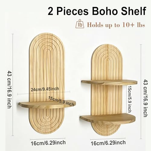 Boho Wall Shelf Set of 2, Wooden Arched wall Shelves for Plants & Decor - Image 2