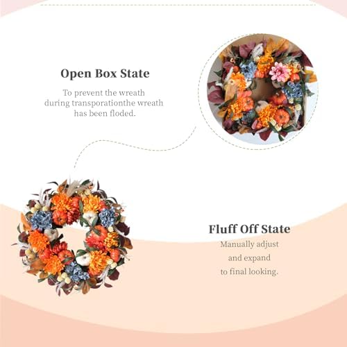 24-inch Fall Wreath Handcrafted Orange Blue Hydrangeas Pumpkins Wheat Front Door Wreath Corridor Courtyard Indoor Outdoor Decoration Thanksgiving Harvest Festival Party Celebration Decor - Image 4