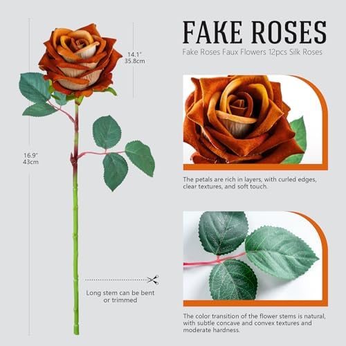 Ttranewsoo 24PCS Orange Fall Artificial Flowers, Fake Roses with Stems for Autumn Floral Arrangements, Thanksgiving Centerpieces, Harvest Table & Home Decor, 16.5 Inch - Image 2