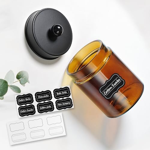 Amolliar Amber Glass Apothecary Jars Qtip Holder w/Metal Lids,Black 6pc - Image 4