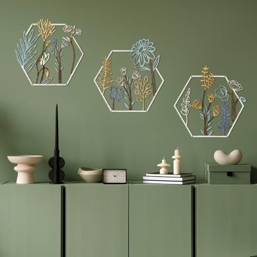 Peryiter 3Pcs Metal Flower Wall Decor Minimalist Floral Hanging, Beige Gold - Image 4