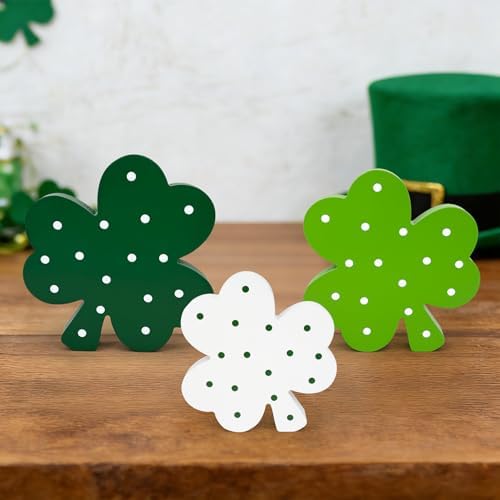 St Patricks Day Decorations 3 PCS, Wooden Green Shamrock Decoration for Home Table, Irish Lucky Clover Signs Decor for Tiered Tray Mantel Office, Saint Patricks Gifts Centerpiece for Indoor Party Desk - Image 2