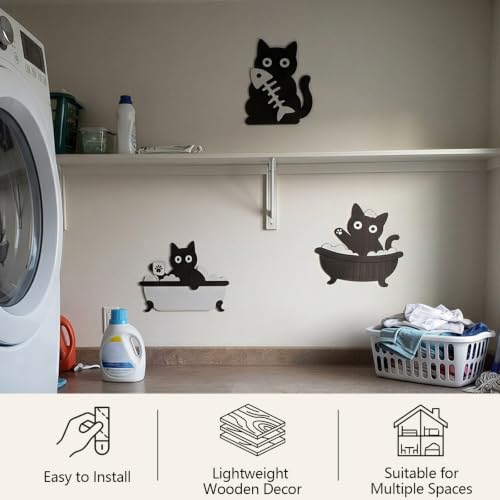 Lucky Merit Black Cat Halloween Bathroom Decor, 3 Pcs Wooden Cat Wall Art - Image 2