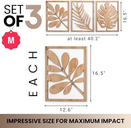 qmmp Modern Wooden Wall Sculptures - Set of 3 - Home Decor Accent - Large Wall Art for Living Room, Bedroom, Office - Easy Installation (Oak, Medium - Tree Leaves) - Image 2