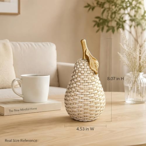 Woven Pear Decor, Decorative Fruit Figurine with Gold Stem, Resin Pear Sculpture, Farmhouse Tabletop Decor for Living Room, Kitchen, Shelf - Image 3