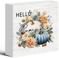 Fall Autumn Pumpkin Wood Box Decor, Rustic Theme Farmhouse Wooden Block Decorations for Home Room Wall Tabletop Shelf, Blue Pumpkin Wooden Square Decor by Luipk
