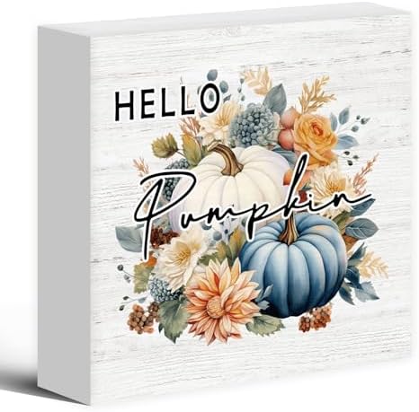 Fall Autumn Pumpkin Wood Box Decor, Rustic Theme Farmhouse Wooden Block Decorations for Home Room Wall Tabletop Shelf, Blue Pumpkin Wooden Square Decor by Luipk