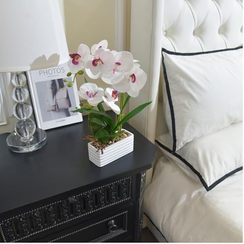Artificial Real Touch Orchid Flowers with White Ceramic Vase, White - Image 6
