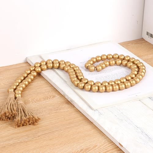 RAMIRABI 58in Wood Bead Garland, Farmhouse Rustic Country Decor, Gold - Image 4