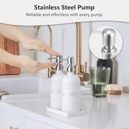 White Dish and Hand Soap Dispenser Set - Glass Kitchen Soap Dispenser with Tray and Stainless Steel Pump - for White Kitchen Decor and Accessories - Image 6