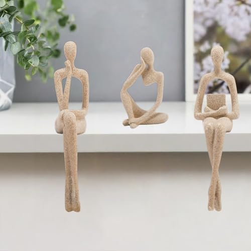 Small Reading Thinker Statues for Book Shelf Office, Sandstone,Set of 3 - Image 4