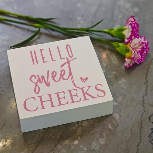 Rustic Bathroom Decor Farmhouse Hello Sweet Cheeks Wooden Sign, Toilet Rules Decoration for Farmhouse Apartment Shelves Toilet Restroom Home Tabletop Desk, Modern Toilet Shelves Accessory (Cute Pink) - Image 3