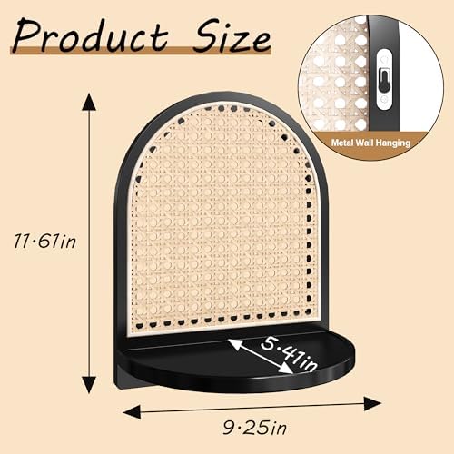 Rattan Shelf Set of 2, 7'' Black Rattan Shelf with Wicker Decor, Boho Wall Decor Small Floating Shelf for Plant Figurines Display, Mini Shelves for Knick Knack Storage - Image 3