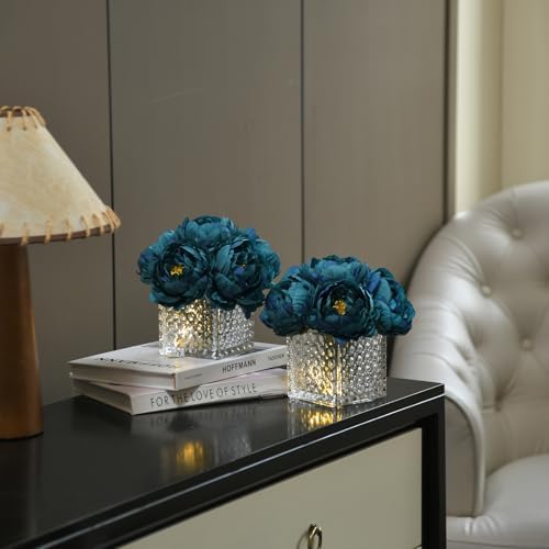 Artificial Peony Silk Flower Centerpieces with LED Light Faux Floral Arrangement in Glass Vase for Home Wedding Table Decoration (Peacock Blue) - Image 5