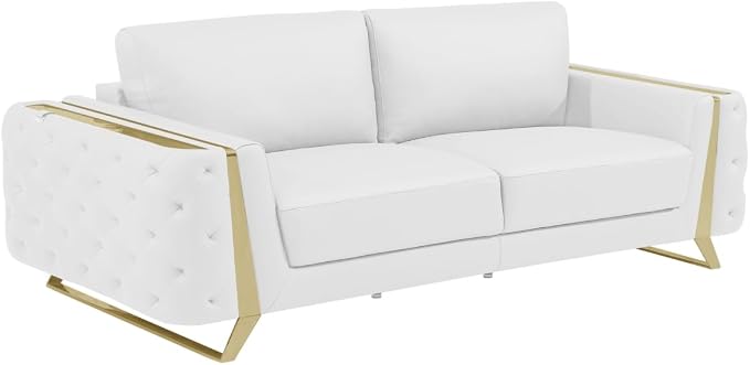 HomeRoots 491053 34 x 90 x 39 in. White Italian Leather & Gold Standard Sofa by Unknown