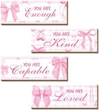 4 Pcs Pink Bow Wall Decor, Pink Room Decor for Teen Girls, Inspirational Positive Affirmations Wooden Wall Art Decor, Coquete Wall Hanging Signs for Bathroom Apartment by Riletese