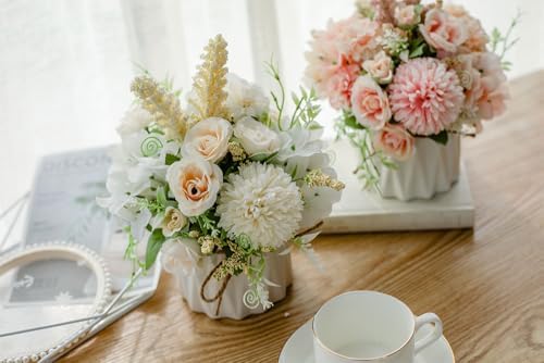 TKAS Artificial Faux Silk Fake Flowers Arrangement, Small Realistic Roses & Hydrangea in Ceramic Vase, Dining Table Centerpiece for Wedding Party Home Decoration (White) - Image 7