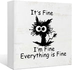 EIONEY Funny Office Desk Decor Sign,Funny Coworker Gift for Women Men,Cute Black Cat Decor for Home Office Table Shelf Wall,It's Fine I'm Fine Everything is Fine Wood Box Sign 5x5 Inch by EIONEY