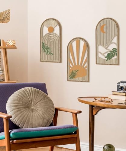 Putuo Decor Boho Plant Wall Art, Wood Modern Minimalist Wall Decor, Abstract Sun Inspired Room Decorations 16x8 In Mid Century Artwork for Living Room Bedroom Office in Sunrise Earthtone Set of 3 - Image 4