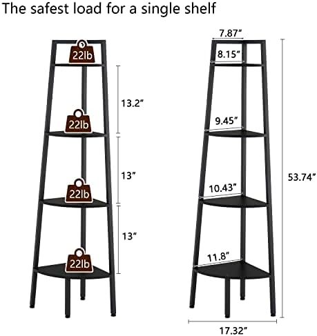 Hoctieon Corner Shelf, 4-Tier Corner Bookshelf, Rustic Ladder Shelf, Industrial Display Stand for Living Room, Kitchen, Home Office, Balcony, Small Space, Metal Frame, Black - Image 2