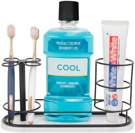Toothbrush Holder Stand for Bathroom, Metal Toothbrush Organizer with Marble Base, Toothbrush Storage Collection for Family, Suitable for Home Hotel Countertop Vanity (Large, Matte Black) by HOME