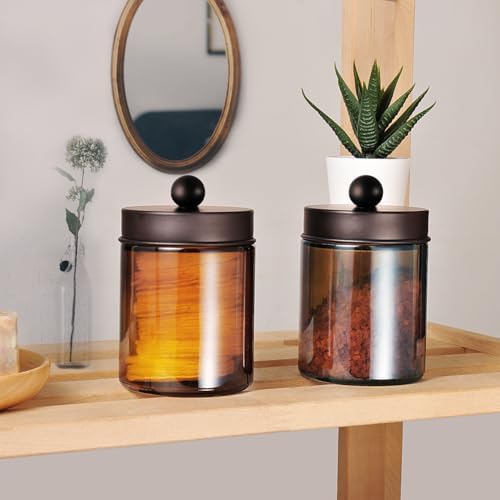 Amolliar Amber Glass Apothecary Jars Qtip Holder w/Metal Lids,Bronze 2pc - Image 5
