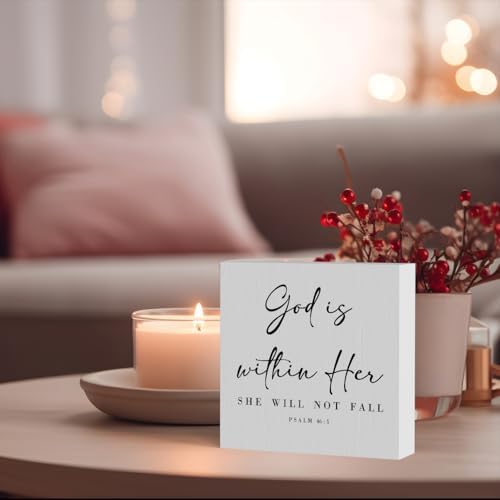 God Is Within Her Bible Verse Artwork Wooden Box Sign Rustic Farmhouse Style Psalm 46:5 Christian Wood Block Plaque 5 X 5 Inches Home Office Desk Sign Decor for Gifts - Image 4